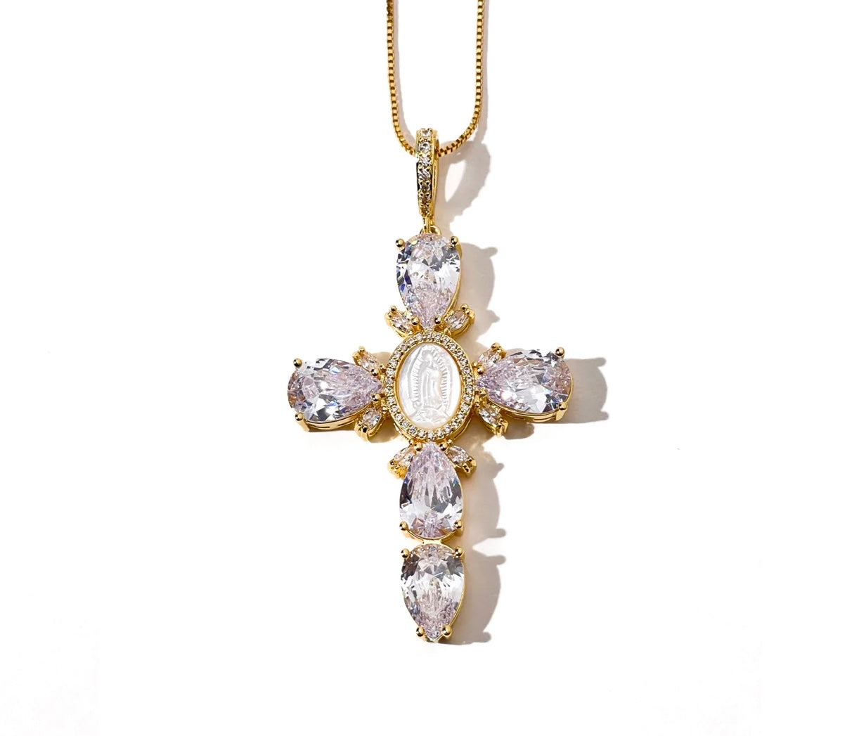 14K Yellow Gold Virgin Mary and Cross Drop Trio Necklace